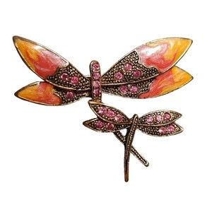 Dragonflies Copper Brooch Pink Rhinestones Statement Textured Fall, Pollenator